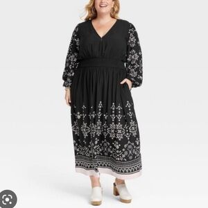Knox Rose Women's Plus Size Long Sleeve A-line Dress - Black Floral